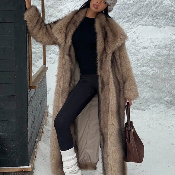 Luxury Collection Brown Streetwear style faux fur coat full length Long Jacket - Picture 6 of 8